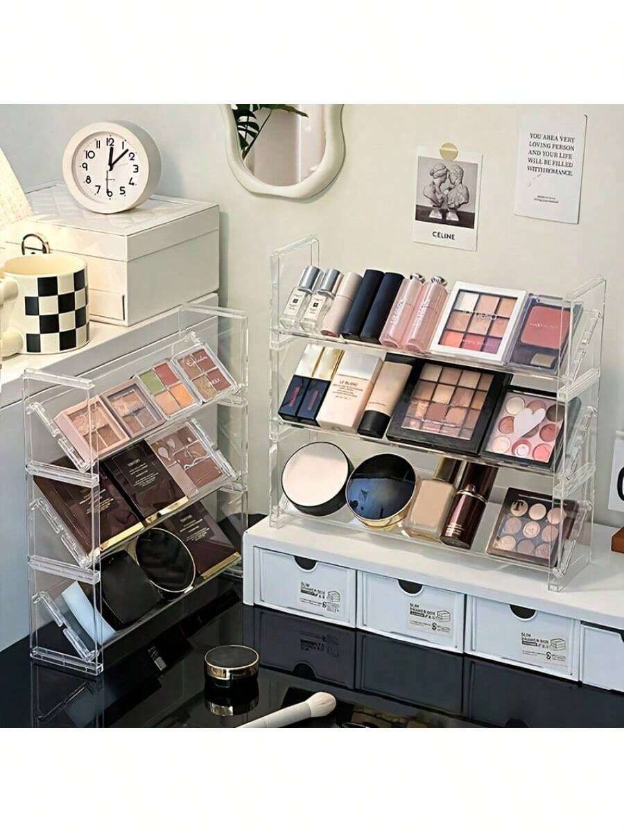 1pc Acrylic Cosmetic Storage Box Includes Lipstick, Nail Polish, Foundation And Powder - Compact Display Rack Suitable For Vanity, Bedroom, Makeup Table - Space-Saving Open Cosmetic Storage Box (No Installation Required) - Clear - View 1