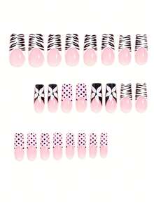 24pcs Medium Square Y2K Style False Nails Set, Including Black & White Leopard Print French Design, Cream White Lily Floral Pattern, Retro Pink & Black Polka Dot Pattern, Black Wide French Style And More, Comes With 1pc Glue Sticker And 1pc Mini File, Random Delivery - Multicolor - View 3