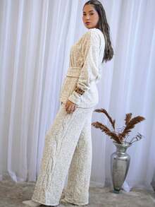 Women's Knit Set With Long Sleeves And Wide-Leg Pants, Comfortable Knitwear, Winter Style, Round Neck, Modern - Sand - View 5