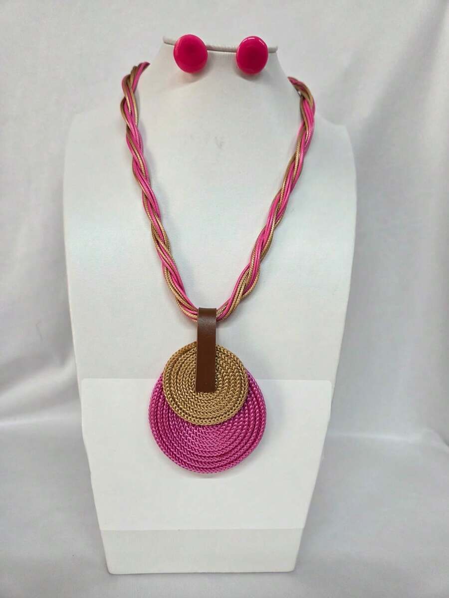 Braided Wire Necklace Set With Double Pendant + Resin Button Earrings – Sophistication In Every Detail. - Pink Rose - View 1