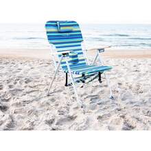 CARIBBEAN JOE Folding Beach Chair, 4 Position Portable Backpack Foldable Camping Chair With Headrest, Cup Holder, And Wooden Armrests - 藍色,青檸條紋 - 查看 3