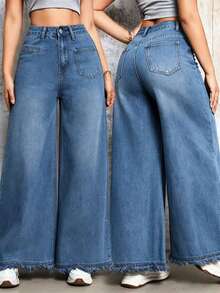 1pc Women's Elegant Wide Leg Jeans - Solid Color All Season Washed Mid-Stretch Woven Fabric - Fringed Hem Casual - Medium Wash - View 2