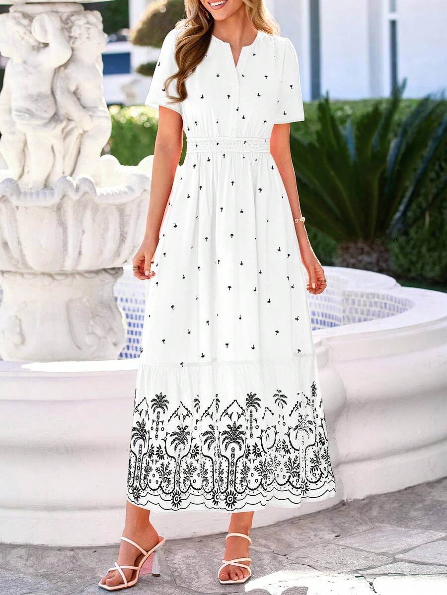 Women Summer Boho Floral V Neck Short Sleeve Flowy Long Dress Casual Hawaii Beach Vacation Holiday Wedding Guest Maxi Dress Outfits - 白色黑色 - 查看 1