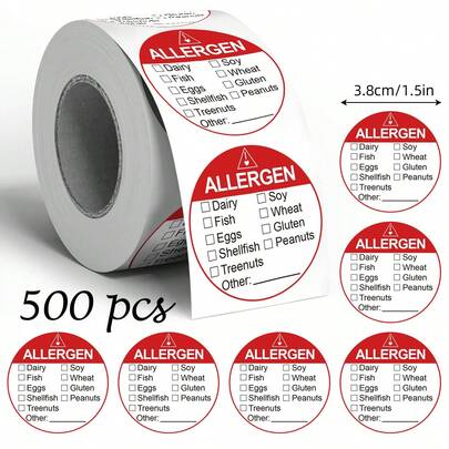 500 ملصق تحذير من المواد المسببة للحساسية، كبير بقطر 3.8 سم، ملصقات لتدوير الأغذية، مناسبة لتغليف المواد الغذائية في المتاجر، ختم ملصق من البي في سي