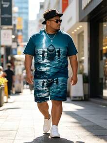 趣味海洋鲨鱼印花加大码男士宽松短袖短裤套装，2件套夏季时尚度假T恤套装，休闲日常及运动百搭短袖套装，适合高个及超重男士夏季穿着 - 彩色 - 查看 2