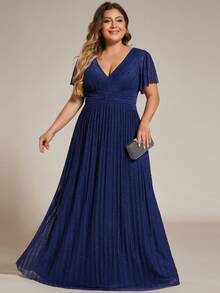 EVERPRETTY Plus Size Deep V-Neck Ruffle Sleeve Short Dress, Sexy Formal Evening Gown Suitable For Party, Dinner Wedding - Navy Blue - View 4