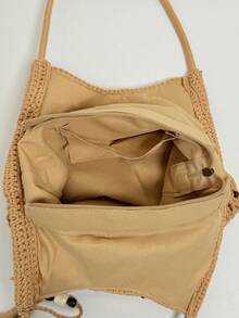Hollow Tassel Handmade Crochet Cotton Shoulder Bag, Zipper Closure, Bohemian Style, Suitable For Vacation, Commute And Daily Use - Khaki - View 11