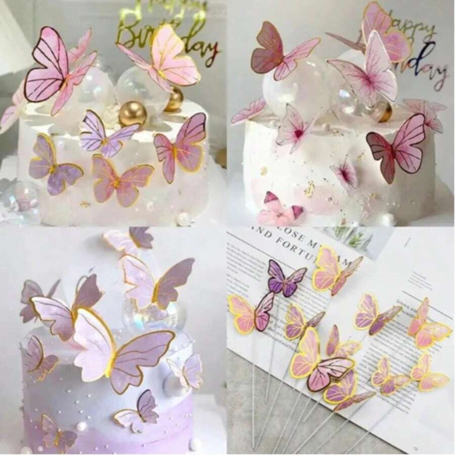 10 piezas Decoraciones de mariposas de alambre 3D de hadas para pastel de cumpleaños, mesa de postres, material de papel - decoraciones de mariposas - Ver 1