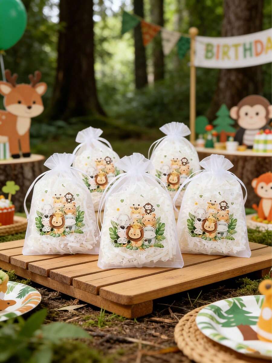 10个/5套/1套丛林动物主题派对薄纱袋，印有狮子、长颈鹿和斑马的彩色图案，适合动物主题生日派对。可用于派对回礼、丛林主题生日派对、主题派对、婚礼装饰。 - 動物 - 查看 1