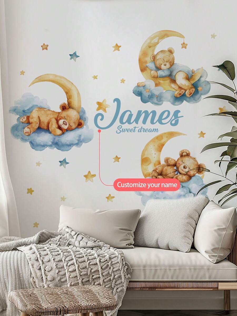 Custom Name Moon Bear Wall Decals Peel And Stick Wallpaper Kids Bedroom Living Room Office Kitchen Bathroom Home Wall Art Decor Graduation Party - Multicolor - View 1