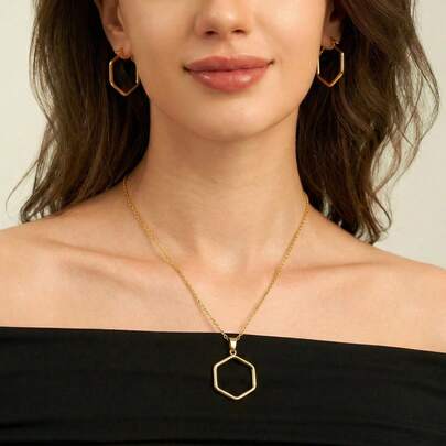 1 Set/3 Piezas Elegante y Simple Conjunto de Aretes y Collar de Acero Inoxidable Hexagonal para Mujer. Estilo Artístico Minimalista Geométrico, Ideal para Uso Diario, Citas Románticas, Fiestas y Regalos