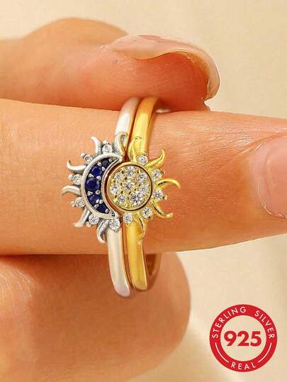 2 piezas Juego de anillos apilables de plata de ley 925 con sol y luna de circonita cúbica de lujo, perfecto para ocasiones como el Día de San Valentín, boda, fiesta de cumpleaños, joyería exquisita