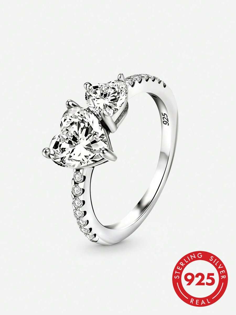 1 pieza Anillo de doble corazón brillante y de moda, accesorio versátil para uso diario y fiesta, anillo de alta calidad, regalo del Día de San Valentín para ella - Anillos de amor grandes y pequeños. - Ver 1