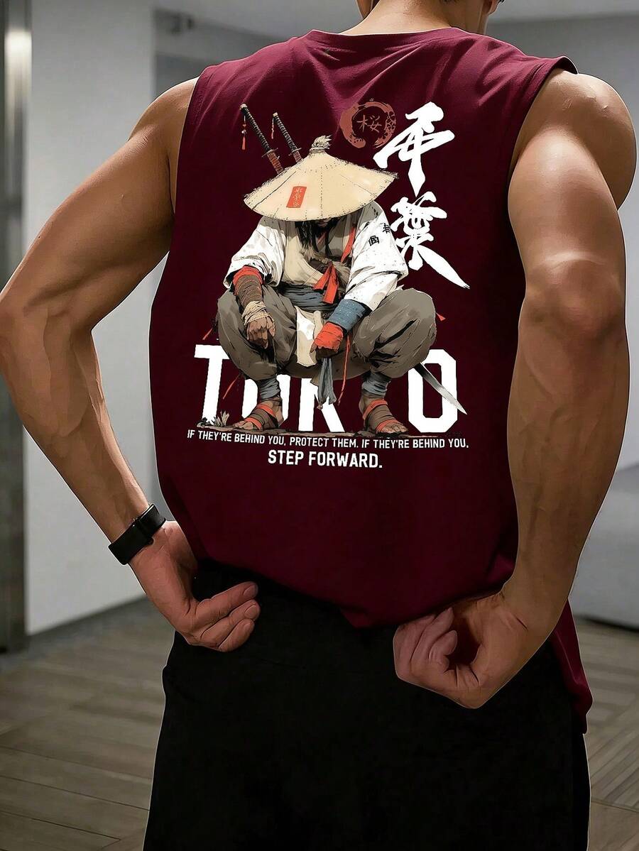 男士夏季休闲无袖印花圆领背心,1件装,适合运动、健身和日常穿着。 - 酒紅色 - 查看 1