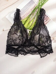 1pc Women's Lace Wireless Comfortable Backless Bra - Black - View 6