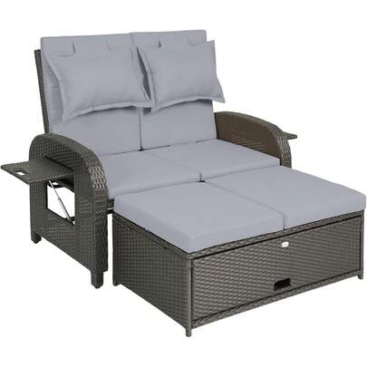 Outsunny Patio Rattan Daybed, Wicker Outdoor Daybed With Storage Ottoman, Loveseat Sofa With Adjustable Backrest, Side Tables, Cushions, Headrests, Double Sunbed Lounger For Balcony, Beige