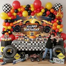 Ce set de décoration d'anniversaire de 110 pièces sur le thème des monster trucks comprend des ballons rouges, oranges et jaunes, ainsi que des pneus, des motifs à carreaux et des ballons en feuille d'aluminium avec des flammes. Il est parfait pour les décorations d'anniversaire sur le thème des camions, les fêtes de voitures de course et les décorations de baby shower. - Voir 5