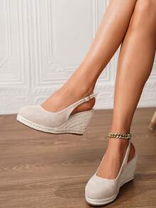 女士厚底坡跟一脚蹬鞋，女士厚底坡跟凉鞋，简约踝带草编鞋，人造革坡跟凉鞋，夏季度假杏色圆头3.15英寸高跟踝带一脚蹬鞋，舒适编织草镂空鞋，尺码34-43，大码女鞋，女士高跟鞋，女士高跟凉鞋，女士高跟鞋，优雅女鞋 - 杏色 - 查看 2