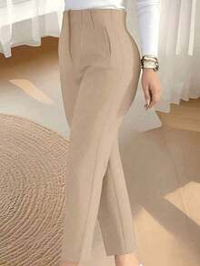 Pantalones de trabajo ajustados de unicolor casual que estilizan la cintura, cortos, color negro para primavera - Caqui - Ver 1