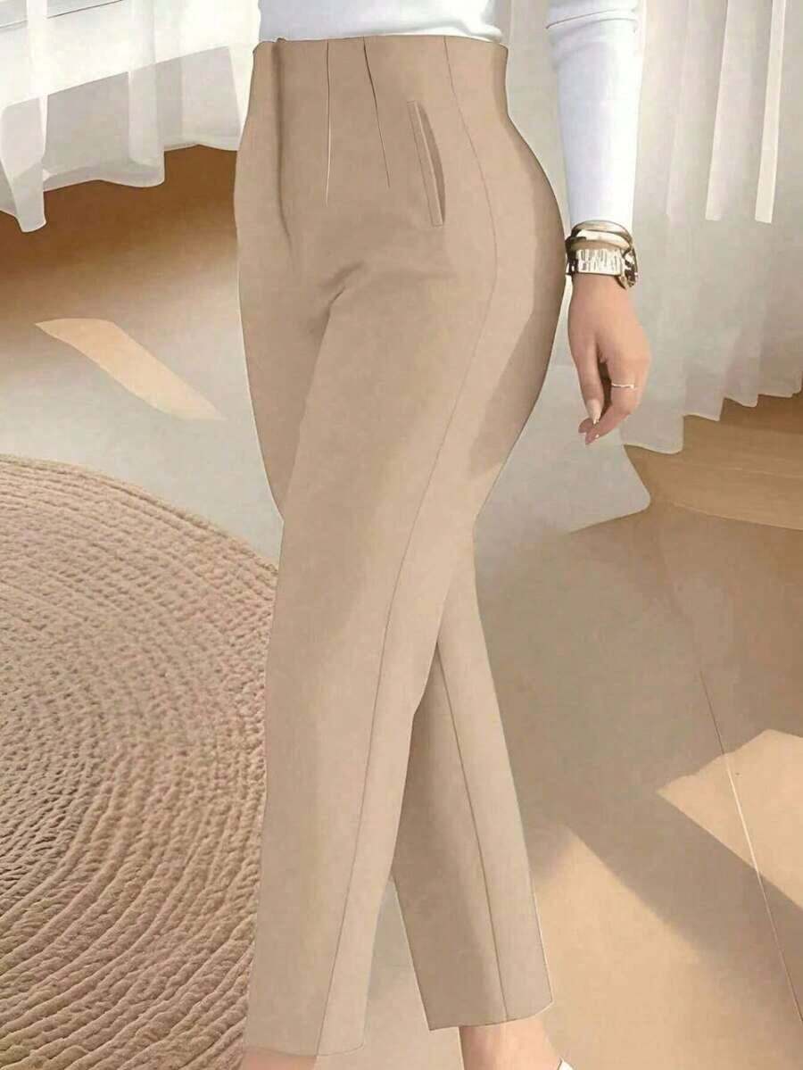 Pantalones de trabajo ajustados de unicolor casual que estilizan la cintura, cortos, color negro para primavera - Caqui - Ver 1