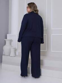 Women's Plus Size Winter Set, Plain, Consisting Of Wide-Leg Pants And A Zippered Top In Ribbed, Fleece-Lined Knit Fabric. - 藏蓝色 - 查看 5