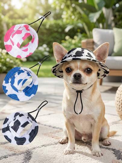 PETSIN 1 pieza Sombrero de cubo para mascotas - Diseño con orejas expuestas, ajustable, sombrero protector solar para gatos y perros, adecuado para mascotas pequeñas/medianas/grandes, diseño de estampado de vaca, accesorio de ropa para cachorros y gatitos, accesorio fotográfico