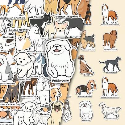 50张可爱涂鸦卡通狗狗品种插画贴纸，趣味动物装饰，适用于储物柜、垃圾桶