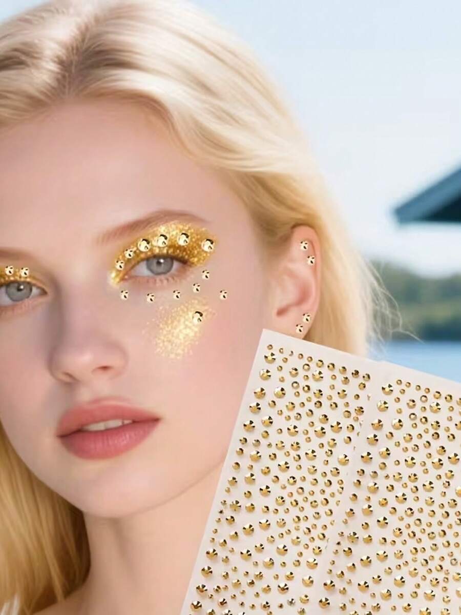 2Pcs Shimmering Gold Face Stickers Y2K Style Round Rhinestone Face Gems For Face, Hair,Body - Party Makeup Music Festival Costume Stickers - Multicolor - View 1