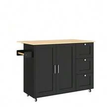 Large Mobile Kitchen Table 135 X 44 (70) X 90 Cm, Oak Countertop, Folding Design, Multifunctional Cabinet, 3 Drawers, Towel Rack, Suitable For Kitchen, Dining Room And Home. - 黑色 - 查看 6