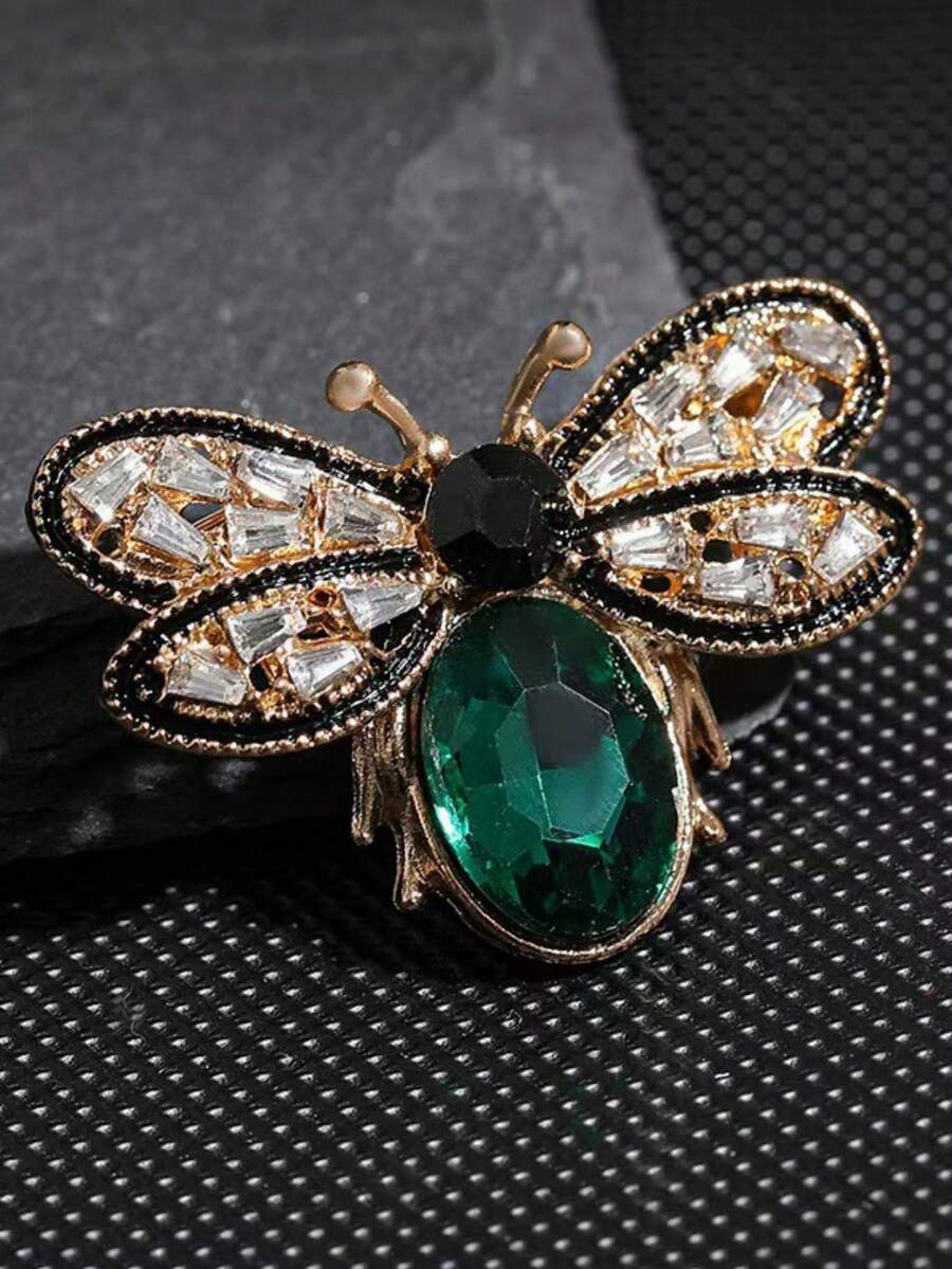 1pc Fashionable Hollow Rhinestone Bee Insect Brooch, Suit Decoration Accessory - Green - View 1