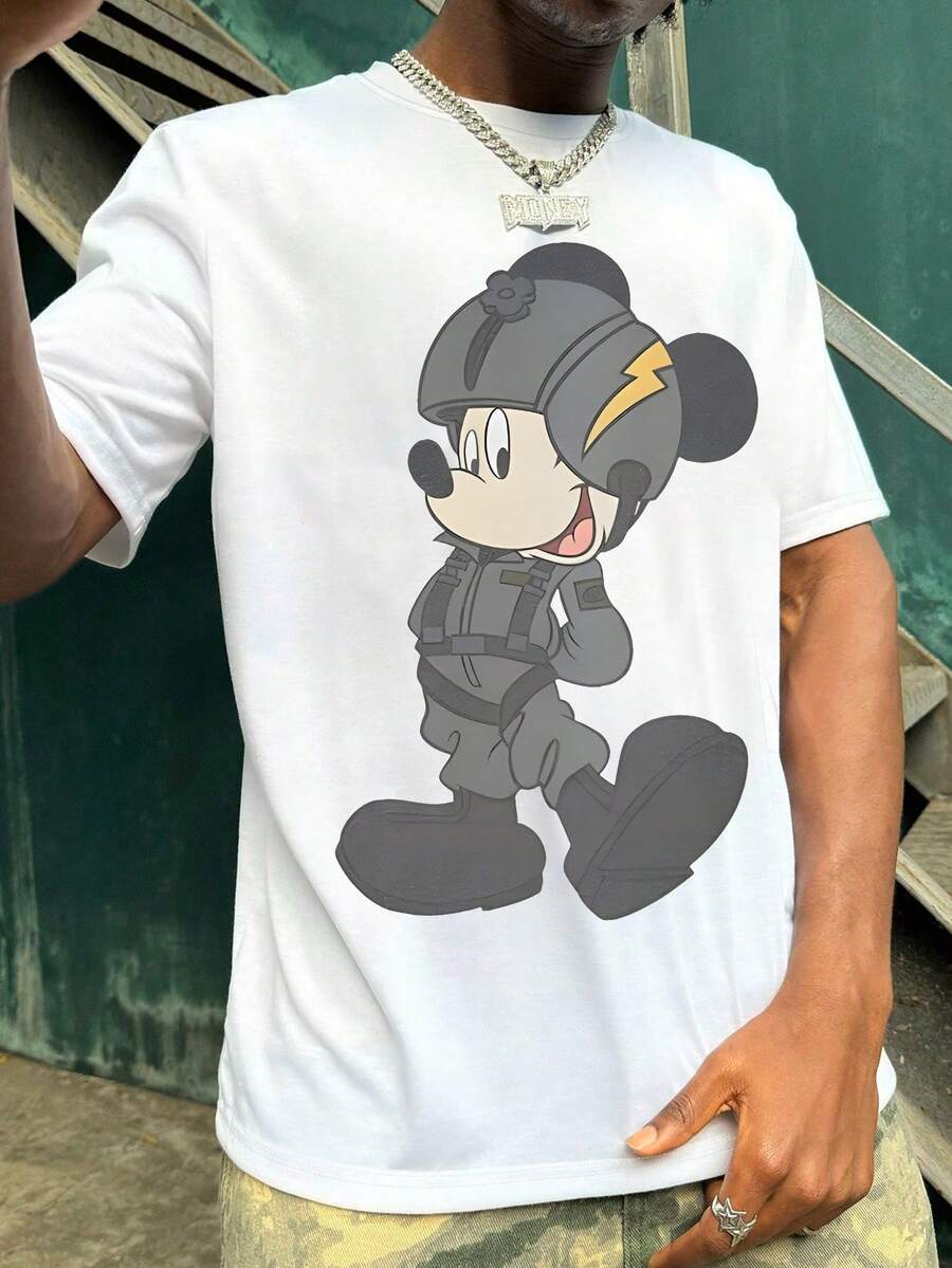 Unisex Short Sleeve T-Shirt, Disney Mecha Style Mickey Print Casual T-Shirt, Summer Travel Short Sleeve - 白色 - 查看 1
