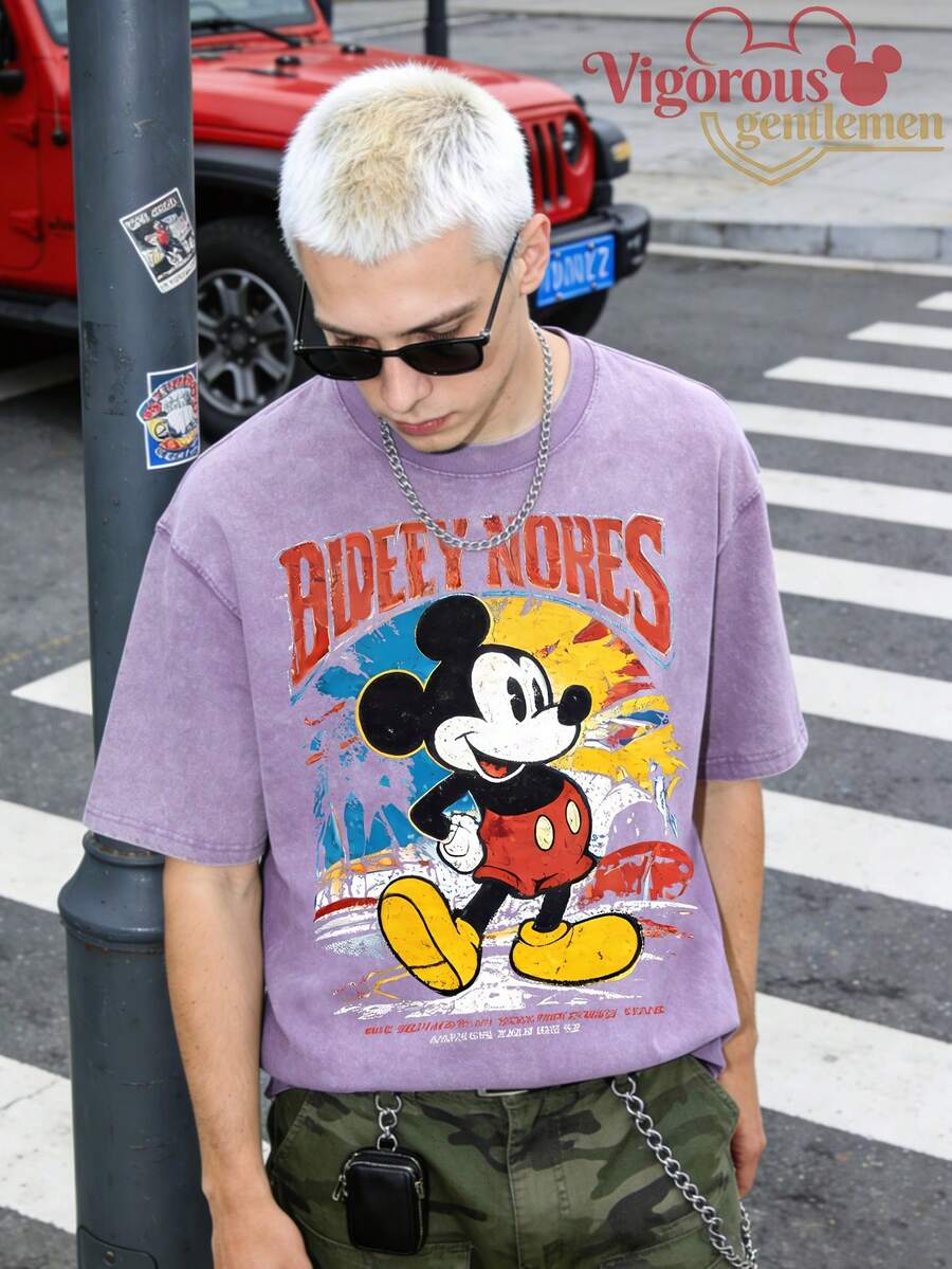 Summer Travel Short Sleeve T-Shirt, Disney Mickey Retro Graffiti Print Casual T-Shirt, Unisex Short Sleeve - 淡紫色 - 查看 1