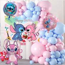 1 Bộ trang trí vòm bóng bay sinh nhật chủ đề Stitch màu xanh dương và hồng dễ thương, bóng bay hình thiên thần màu hồng, 1 bộ bóng bay phông nền chủ đề lá cọ Stitch màu xanh dương và hồng ngọt ngào cho tiệc sinh nhật, hoàn hảo để trang trí tường và phông nền cho lễ sinh nhật, bộ trang trí vòm bóng bay. - TZQQ - Xem 1