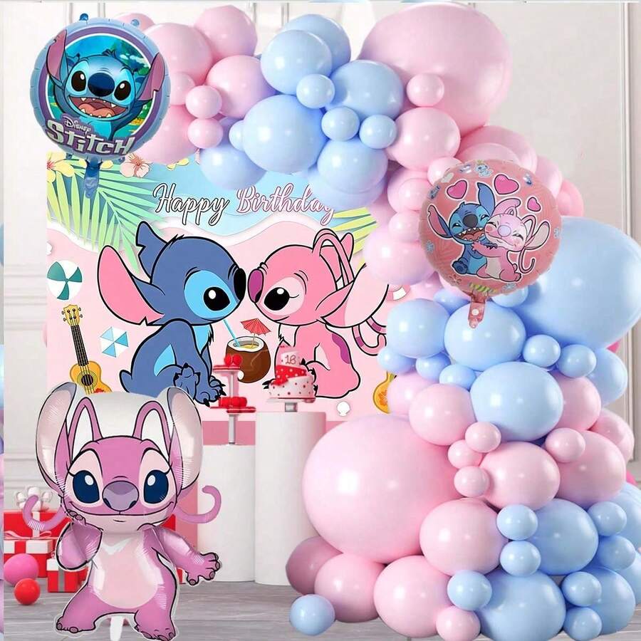 1 Bộ trang trí vòm bóng bay sinh nhật chủ đề Stitch màu xanh dương và hồng dễ thương, bóng bay hình thiên thần màu hồng, 1 bộ bóng bay phông nền chủ đề lá cọ Stitch màu xanh dương và hồng ngọt ngào cho tiệc sinh nhật, hoàn hảo để trang trí tường và phông nền cho lễ sinh nhật, bộ trang trí vòm bóng bay. - TZQQ - Xem 1