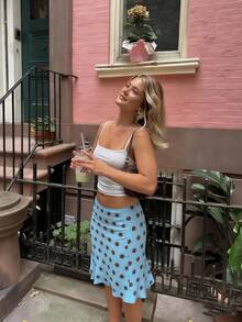 Womens Polka Dot Midi Skirt Summer Elastic High Waisted Skirts Sheer Mesh Going Out Vintage Flowy Skirts - Màu xanh lam - Xem 2