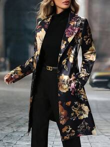 Women's Spring/Fall Fashionable Retro Floral Print Long-Sleeve Mid-Length Blazer With A Notched Collar - Pink - View 3