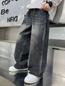 Tween Boy Letter Embroidered Patch Wide Leg Loose Casual Jeans - Black - View 3