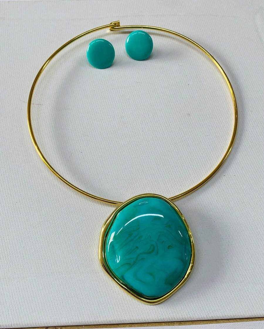 Gold-Plated Choker Set For Mother's Day - Be Beautiful Like A Jewel. - 綠松石色 - 查看 1