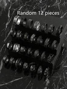 3/6/9/12/15/20 件时尚不锈钢深色风格男士戒指套装，包含铜币、蝙蝠、罗马数字、音符、星星和月亮、扭曲元素，适合日常佩戴、节日、订婚、婚礼、万圣节，款式和尺寸随机 - 黑色 - 查看 17