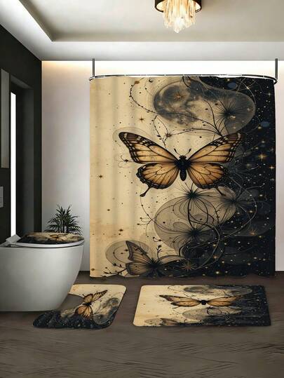 1/3/4pcs Retro Star Moon Butterfly Bathroom Set, Home Decoration, Bathroom Curtain, Bathroom Curtains, Shower Curtain Set, Full Set Of Bathroom Supplies, Including Shower Curtain And Floor Mat Set. Multi Sized Shower Curtain Sizes (72in X 72in, 35.4in X 72in, 47.2in X 72in, 59in X 72in) And Matching Sets, Made Of Polyester Fabric That Is Mold Resistant