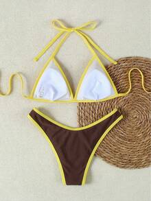 2026 Wiosna/Lato Damski Zestaw Bikini z Odkrytymi Plecami w Kolorze Kawy i Żółtym Wykończeniem, Romantyczny, Unikalny Design, Odpowiedni Na Wiosenne Wakacje, Wypady Na Plażę, Podróże Na Co Dzień, Idealny Na Imprezę Przy Basenie, Wakacje Na Plaży I Spotkania - Kawowy brązowy - Zobacz 7