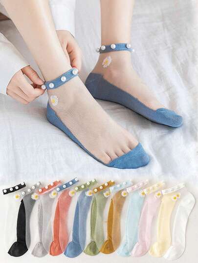 女士透明短袜，绣雏菊图案，珍珠装饰，超薄隐形袜，夏季时尚韩版女袜，透气休闲袜，适合日常穿着、派对、约会等场合，是送给女性朋友的贴心礼物。