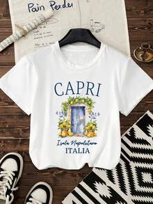 Street Fashion Casual Sports Letter & Fruit Print Short Sleeve T-Shirt For Women, Summer - White - View 1