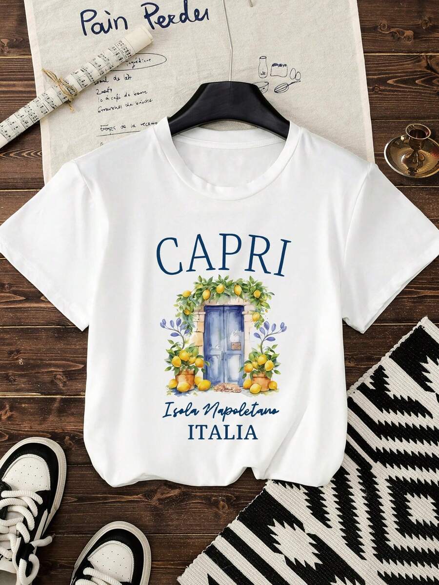 Street Fashion Casual Sports Letter & Fruit Print Short Sleeve T-Shirt For Women, Summer - White - View 1