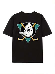 Réplica de camisetas gráficas deportivas americanas para hombre con logotipo de pato de hockey sobre hielo, camiseta con diseño retro, interpretación de los deportes y el tiempo, cuello redondo, versión clásica, suave y cómoda, unisex, colección de camisetas de estilo casual, tela microelástica, para verano. Camiseta unisex de algodón holgada de manga corta y cuello redondo estilo vintage urbano - Negro - Ver 3