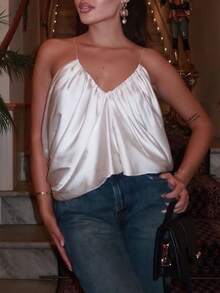 Women's Y2K Style Satin Draped Camisole V-Neck Sexy Flowy Tank Top, Suitable For Party, Club, Spring/Summer Casual - Beige - View 3