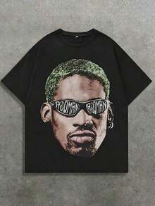 Sports Graphic Tees Men, Rodman Portrait Graphic T Shirt, 220 Grams Cotton Casual Crew Neck Short Sleeved Graphic Print, Father's Day Graduation Gift For Basketball Fan, C-Learance S-Ale For Men - 黑色 - 查看 9