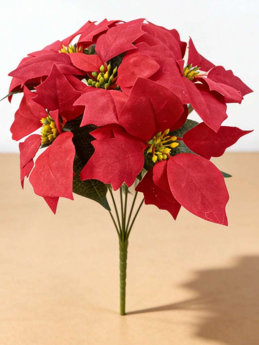 Artificial Poinsettia Christmas Flower Bouquet, Holiday Decor Floral Arrangement - Red - View 1