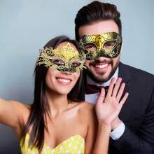 Máscara de pareja - Máscara veneciana de alambre metálico brillante con cristales de frambuesa para hombres Máscara de carnaval (Máscara pintada a mano, las líneas pueden tener errores, pero no afecta el uso) - Oro-03 - Ver 4