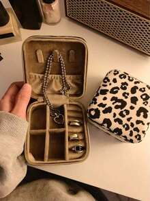 1pc Leopard Pattern Jewelry Box Portable Accessories Organizer Earrings Rings Storage Back To School GMPB - Leopard Brown - View 5